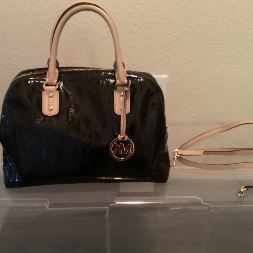 Michael Kors Signature Patent Leather Mirror Black Logo Satchel Bag Crossbody